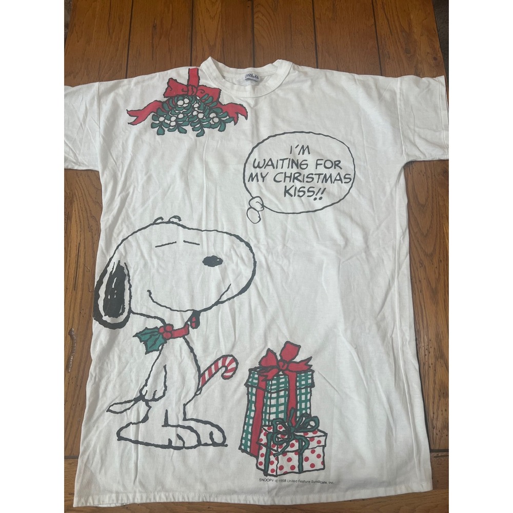 Vintage Flirts Snoopy Christmas Nightshirt‎ White Oversized Sleep Tee Peanuts L